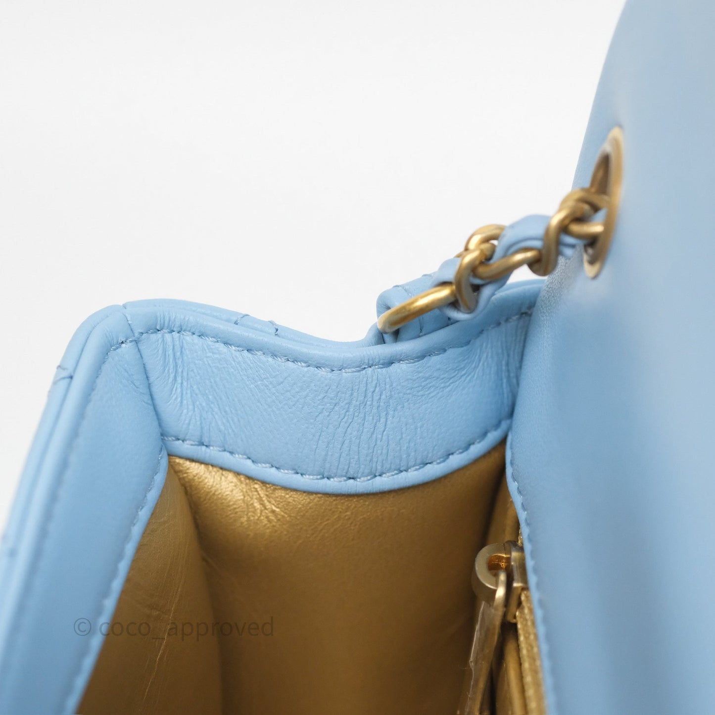 Chanel Mini Rectangular Pearl Crush Quilted Sky Blue Lambskin Aged Gold Hardware