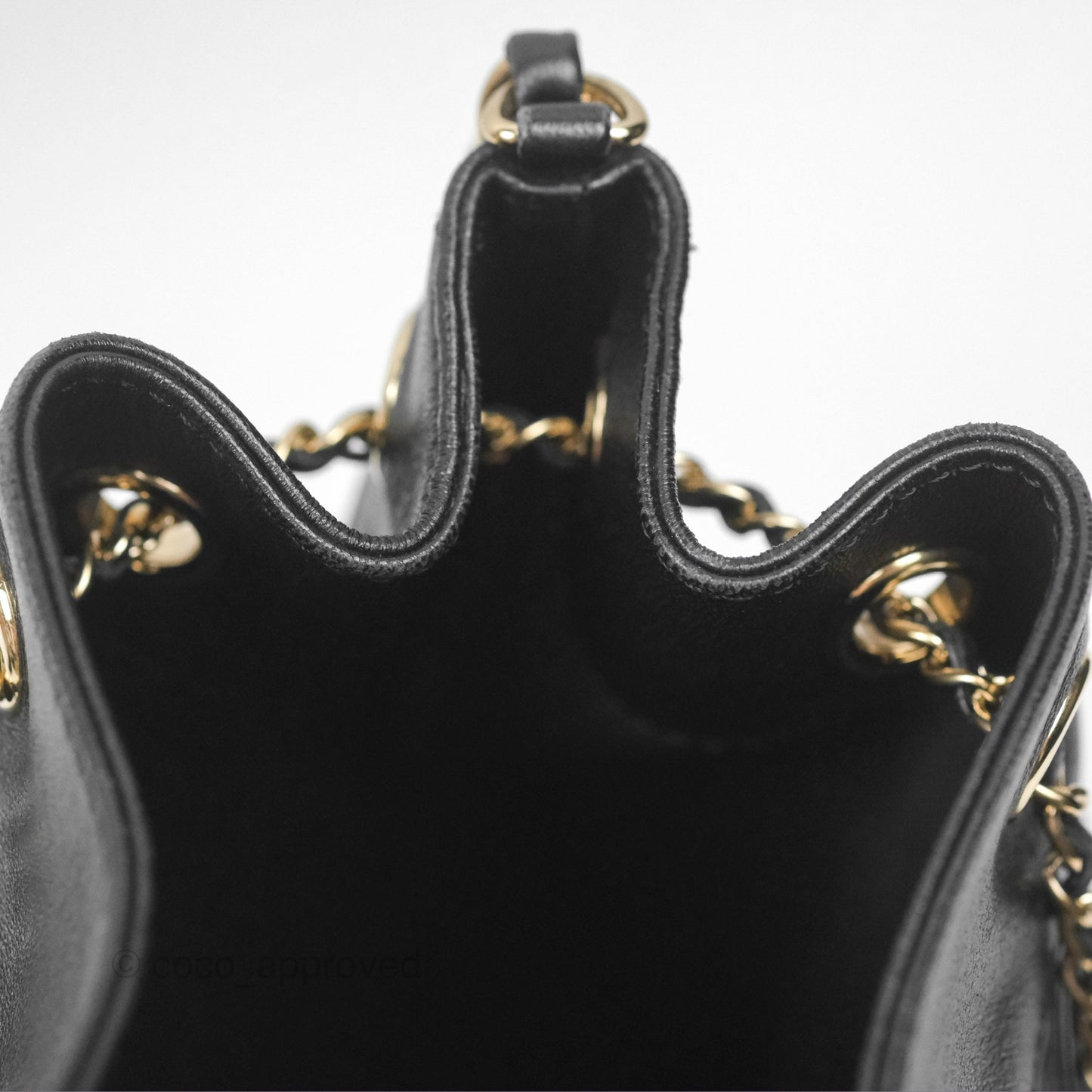 Chanel CC Chain Drawstring Bucket Bag Chevron Black Lambskin Gold Hardware