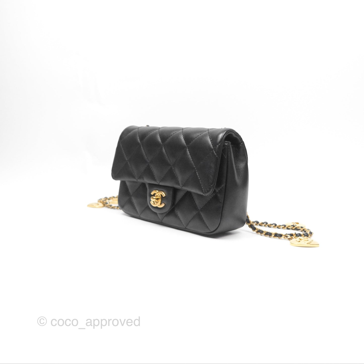 Chanel Mini Flap Bag With Heart CC Charm Black Lambskin Aged Gold Hardware
