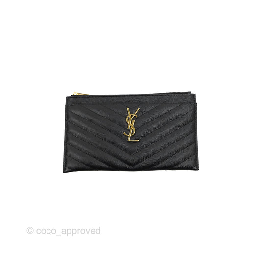 Saint Laurent Cassandre Matelasse Zipped Pouch Black Grained Leather Gold Hardware