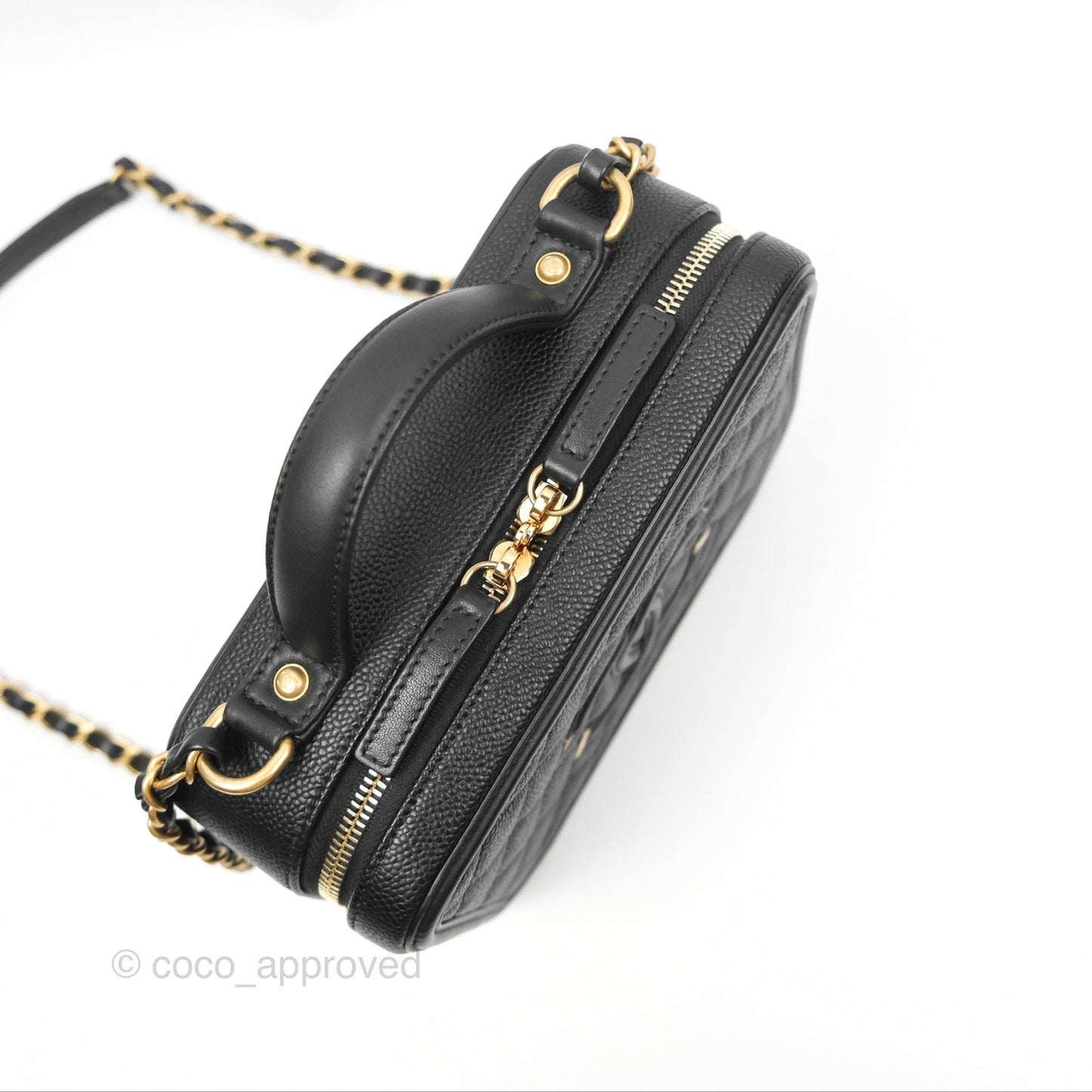 Chanel Quilted Medium CC Filigree Vanity Case Black Caviar Aged Gold Hardware