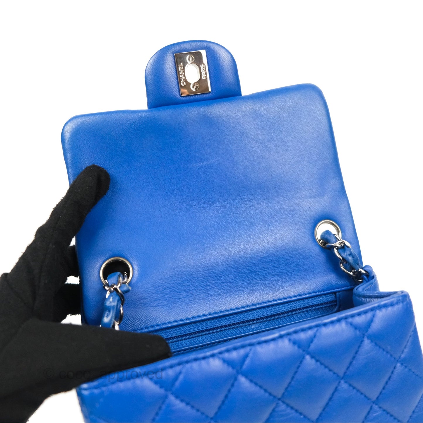 Chanel Quilted Mini Square Blue Lambskin Silver Hardware