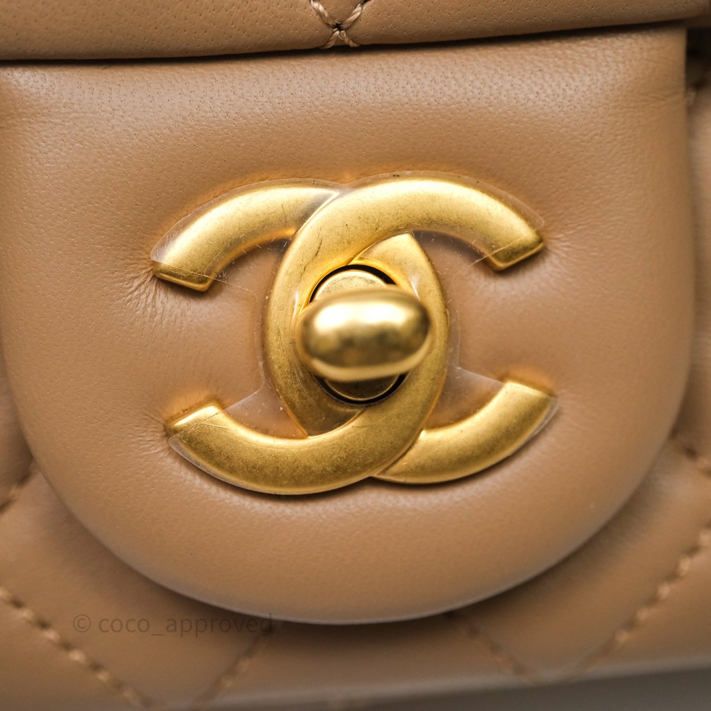 Chanel Pearl Crush Mini Square Quilted Beige Lambskin Aged Gold Hardware