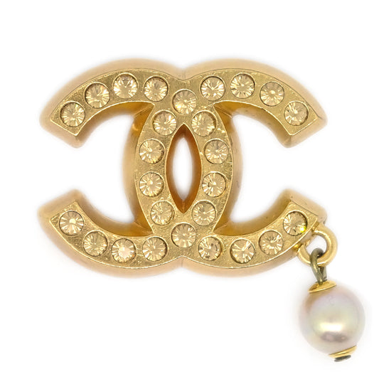 Luxury Chanel Rhinestone Artificial Pearl Brooch Pin Gold 02P