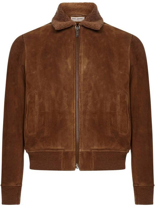 Luxury Saint Laurent Shearing Zip-Up Jacket Brown