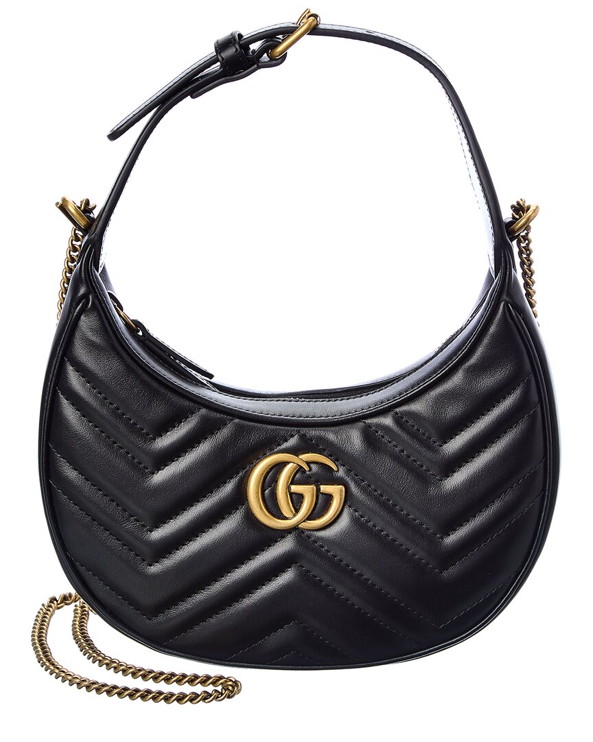 Luxury Gucci Trending 2025 GG Marmont Half Moon Shaped Mini Leather Crossbody, Black