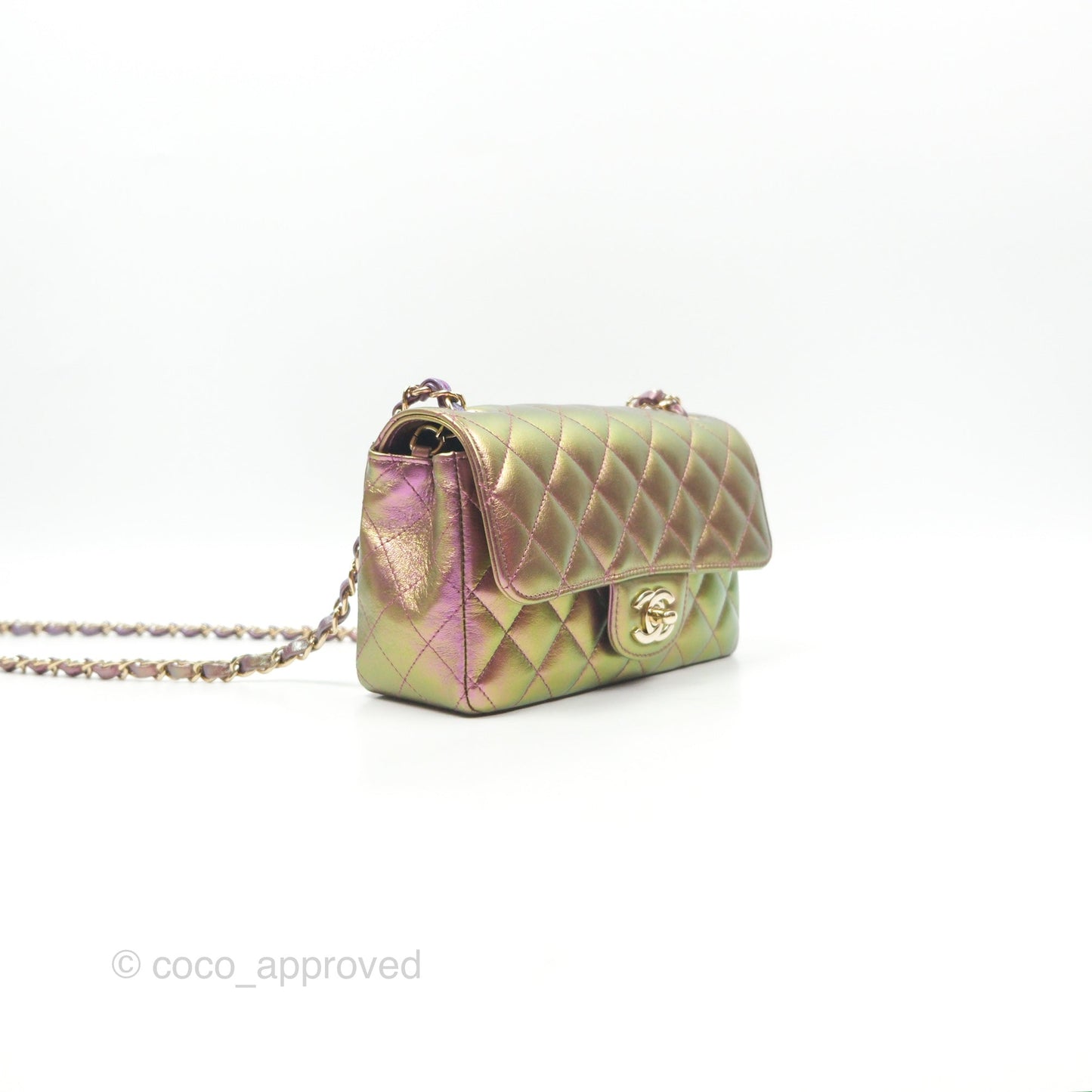 Chanel Classic Quilted Mini Rectangular Flap Metallic Purple Calfskin Gold Hardware