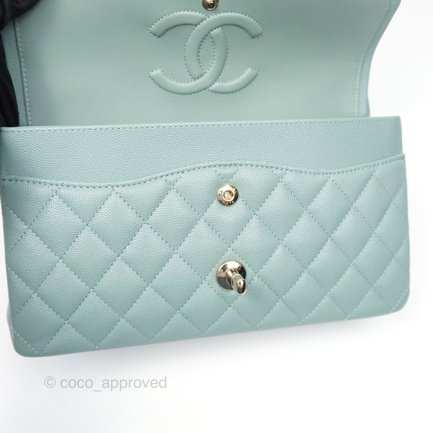 Chanel Classic M/L Medium Flap Quilted Tiffany Seafoam Green Caviar Gold Hardware