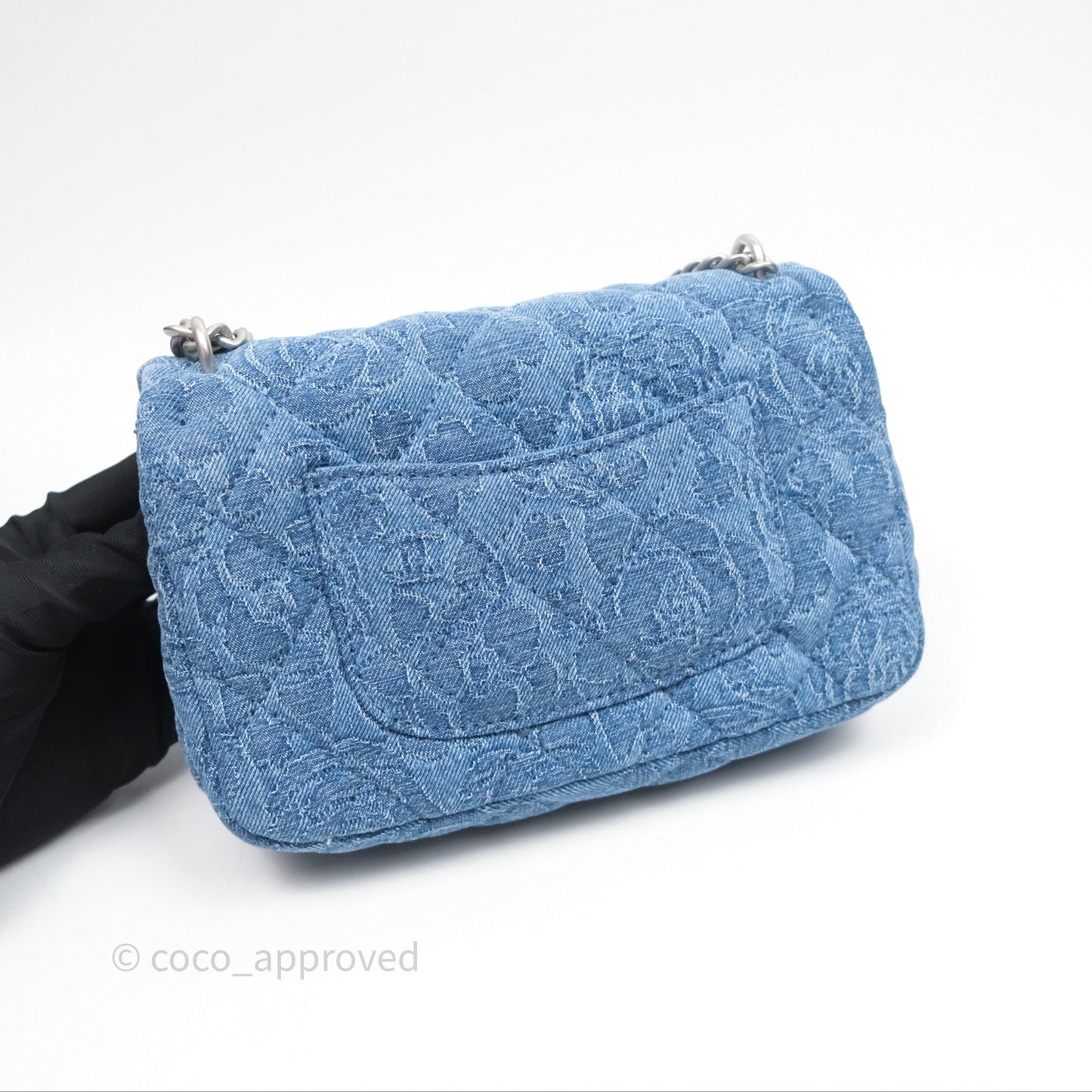 Chanel Quilted Camellia Printed Heart Crush Mini Flap Bag Blue Denim Aged Silver Hardware
