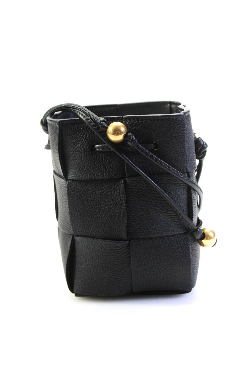 Luxury Bottega Veneta Womens Intrecciato Leather Mini Cassette Bucket Handbag Black