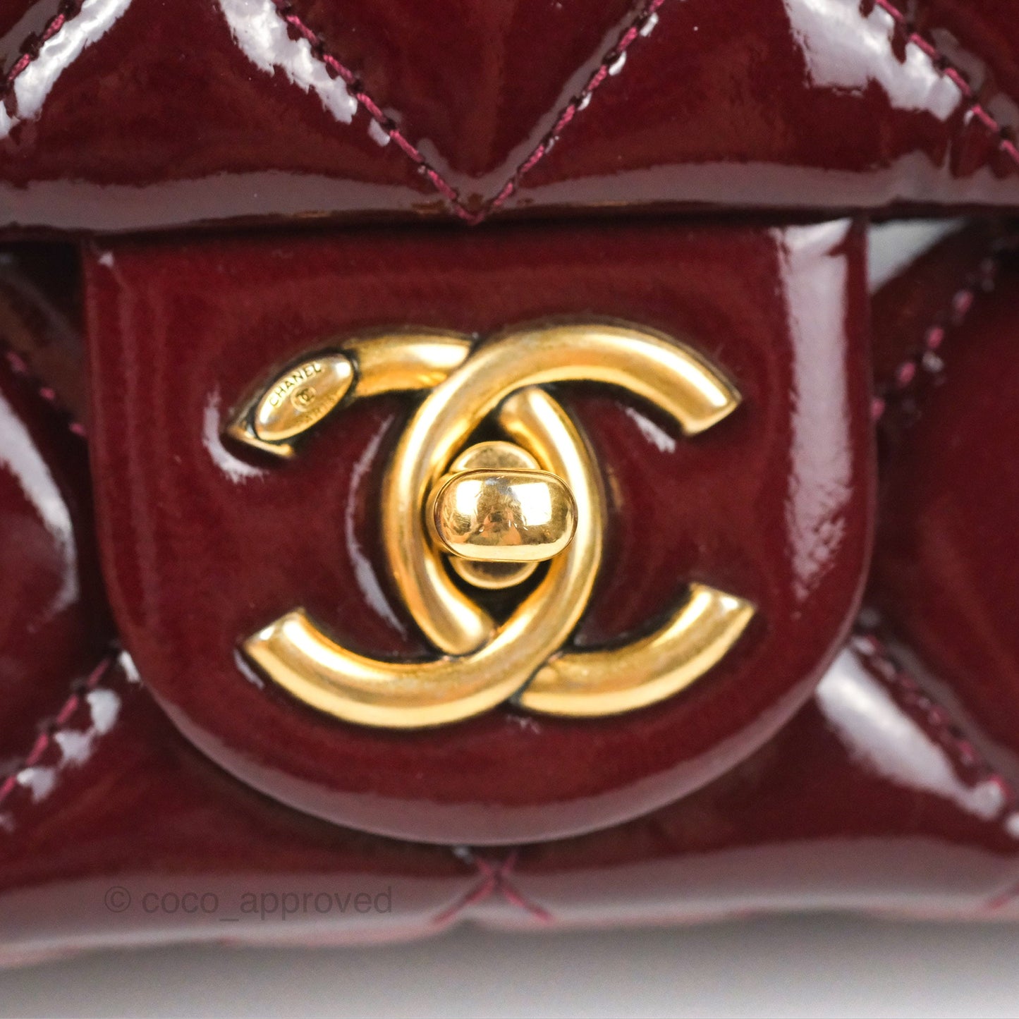Chanel Quilted CC Eyelet Flap Burgundy Patent Goatskin Antique Gold Hardware