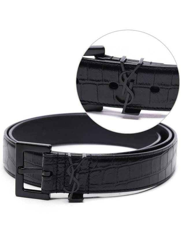 Luxury Saint Laurent Monogram Crocodile Embossed Leather Belt Black