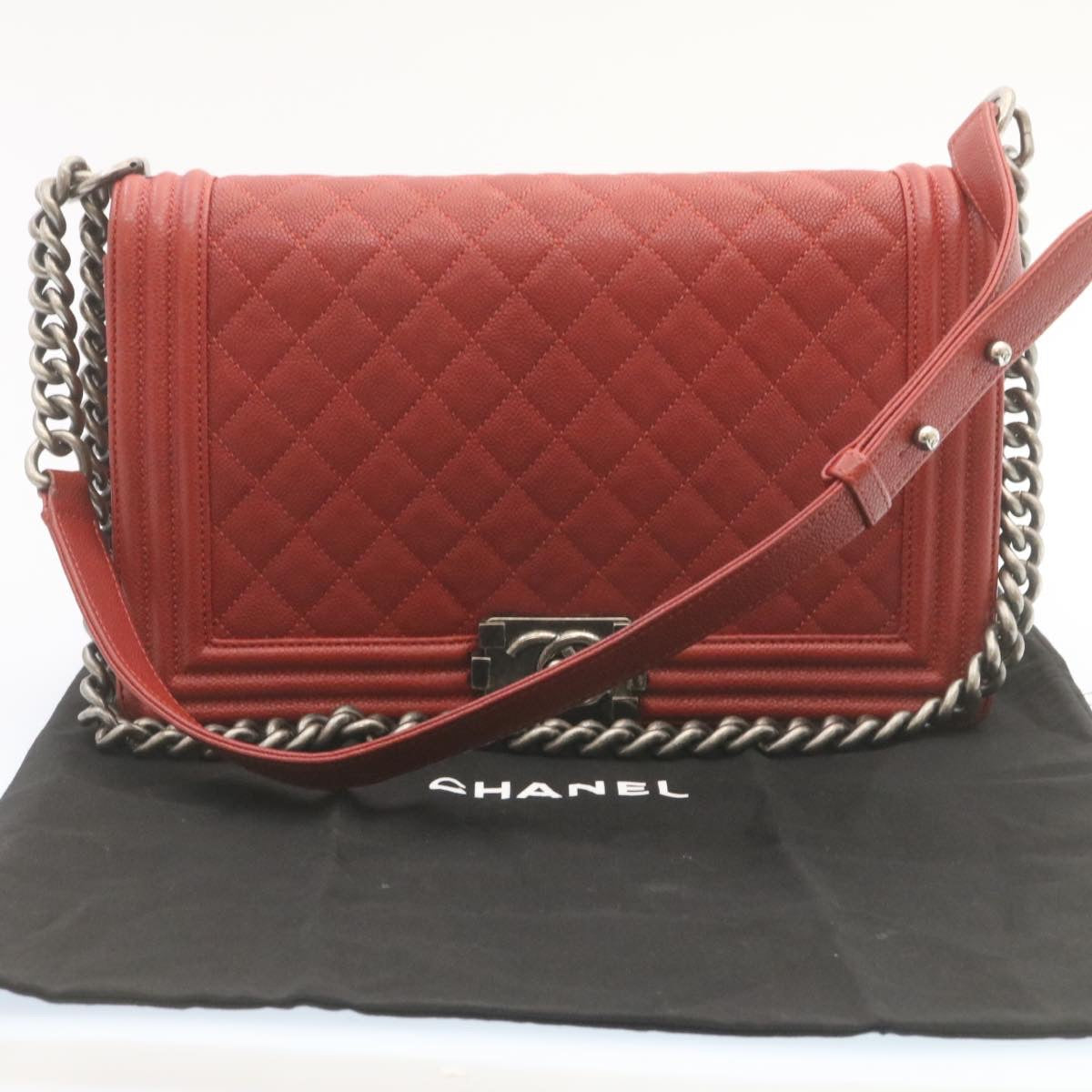 CHANEL Boy  Matelasse Chain Flap Shoulder Bag Leather Red CC  28281A