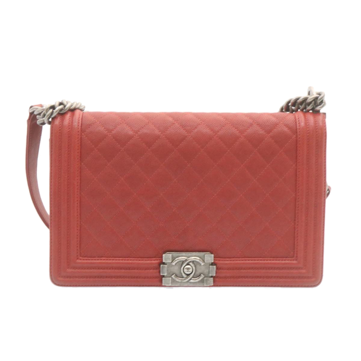 CHANEL Boy  Matelasse Chain Flap Shoulder Bag Leather Red CC  28281A