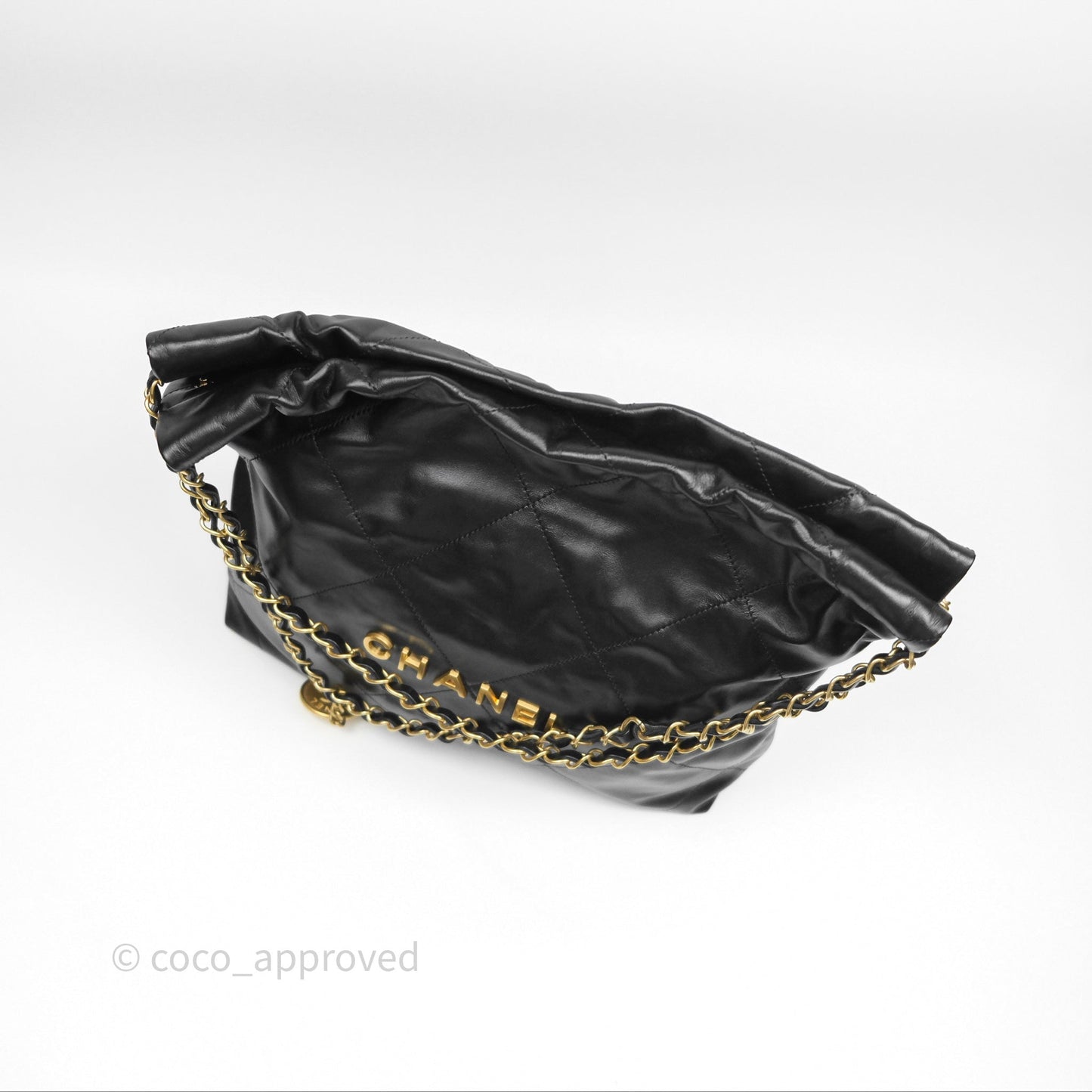 Chanel 22 Small Black Shiny Calfskin Aged Gold Hardware