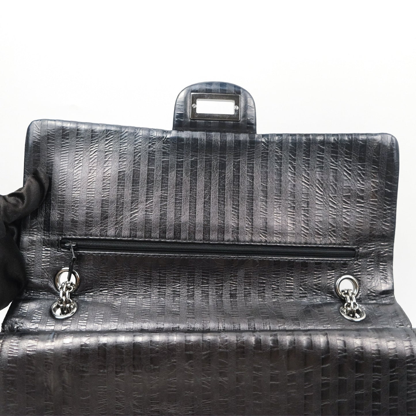 Chanel Reissue 227 Flap Quilted Calfskin Black Striped Dark Silver Hardware