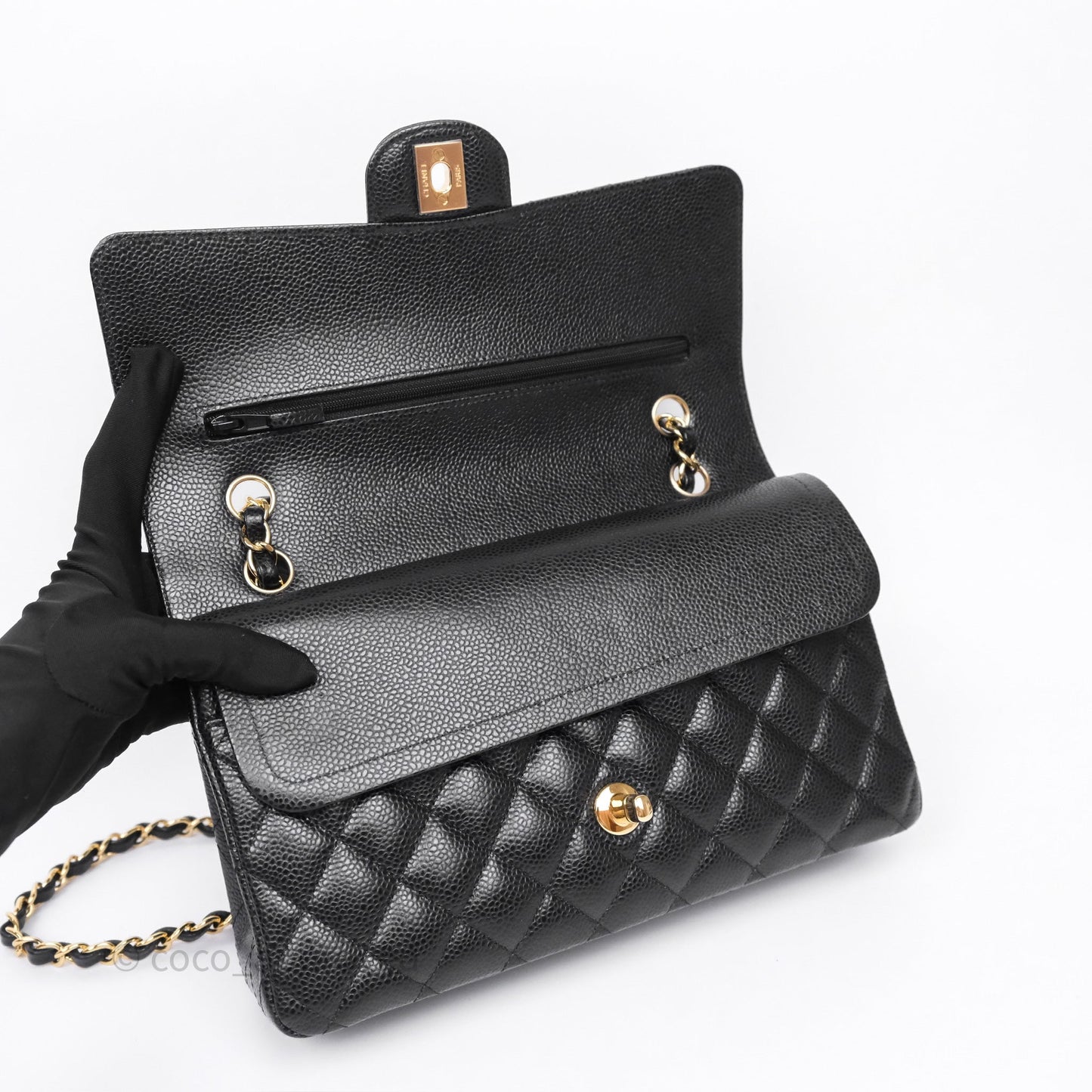 Chanel M/L Medium Classic Flap Quilted Black Caviar Gold Hardware