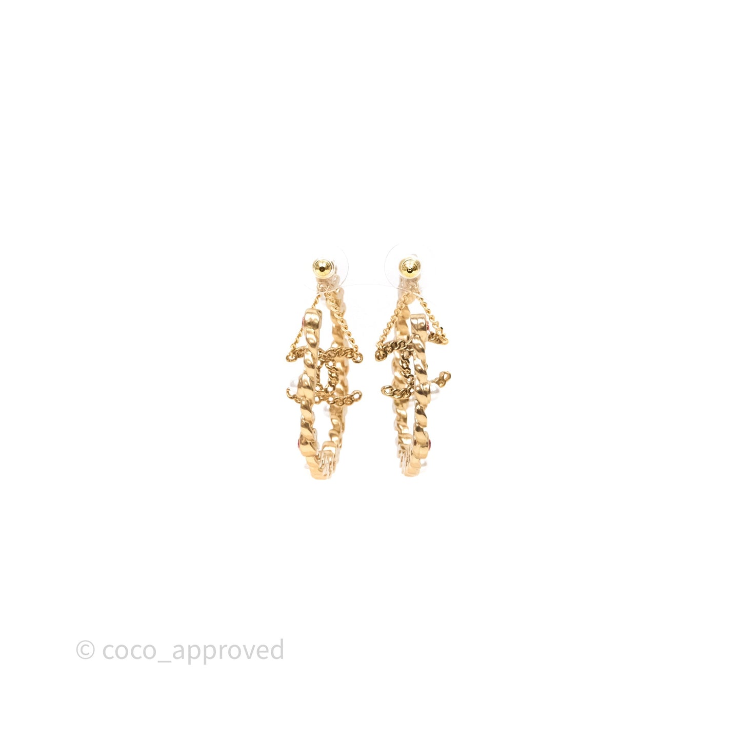 Chanel CC Pearl Crystal Hoop Earrings Gold Tone 21P