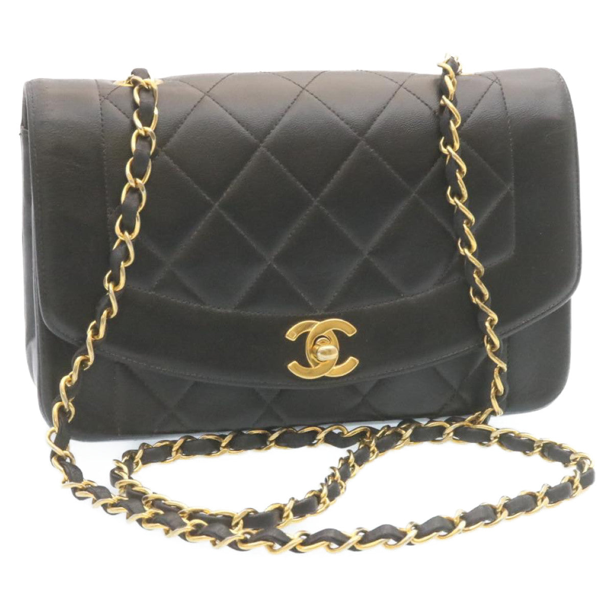 Luxury Chanel Chain Turn Lock Diana Matelasse Shoulder Bag Lamb Skin Black  28470A