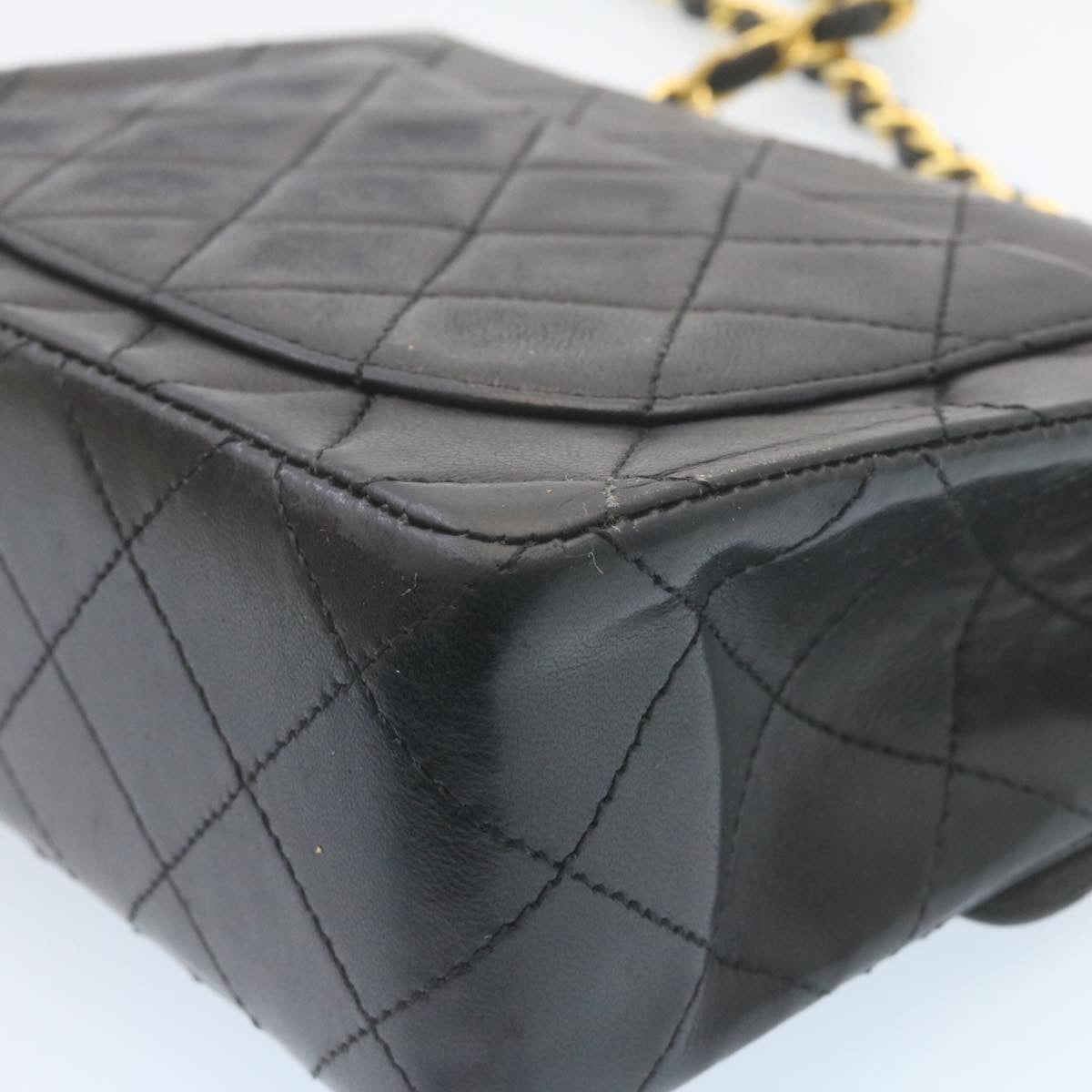 CHANEL Mini Matelasse Chain Flap Shoulder Bag Lamb Skin Black Gold  28471A