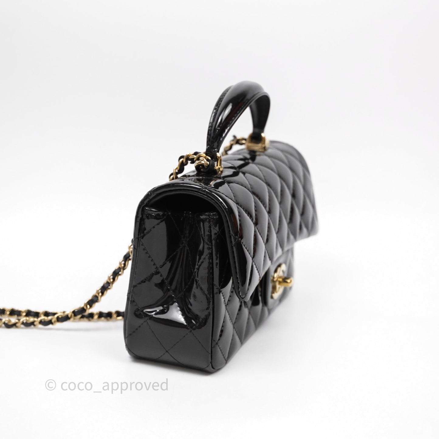 Chanel Top Handle Mini Rectangular Flap Black Patent Gold Hardware