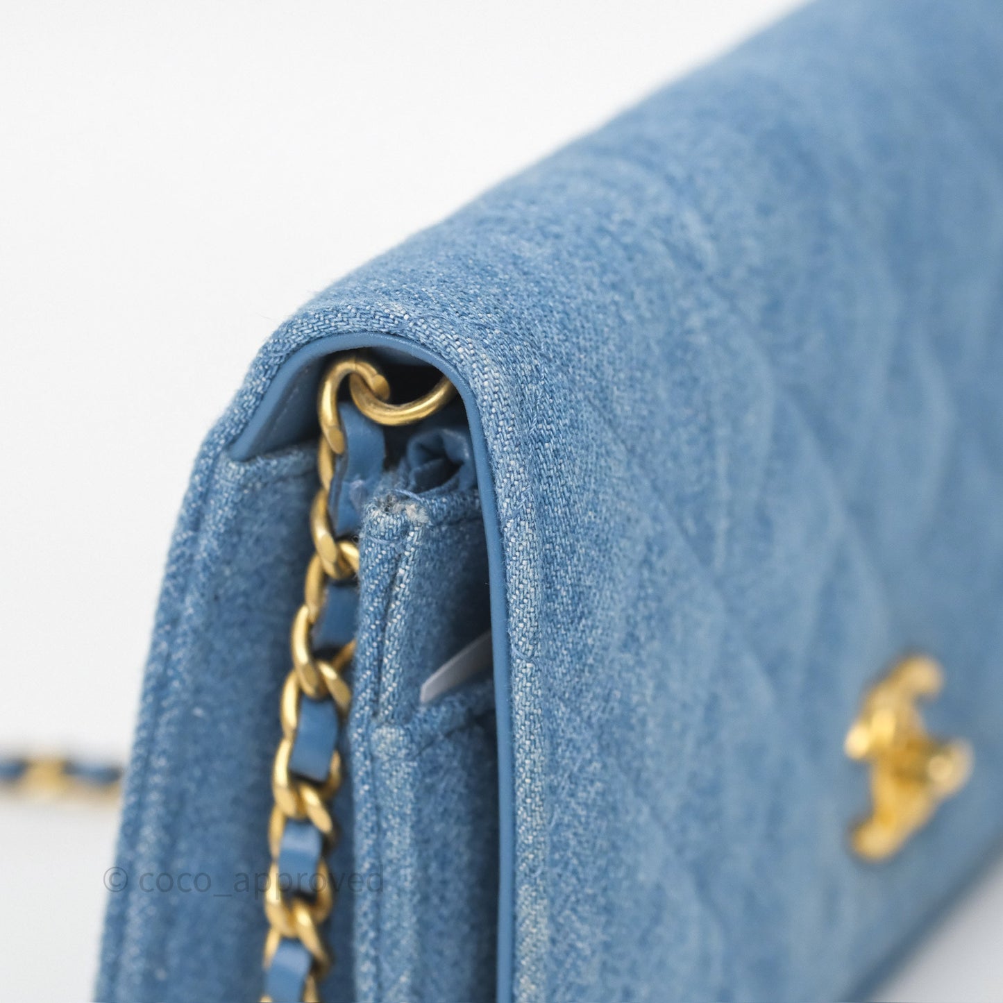 Chanel Quilted Pearl Crush Wallet on Chain WOC Denim Aged Gold Hardware