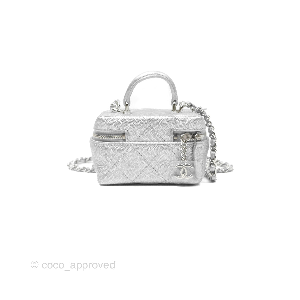 Chanel Quilted Mini Top Handle Vanity With Chain Metallic Silver Caviar Silver Hardware