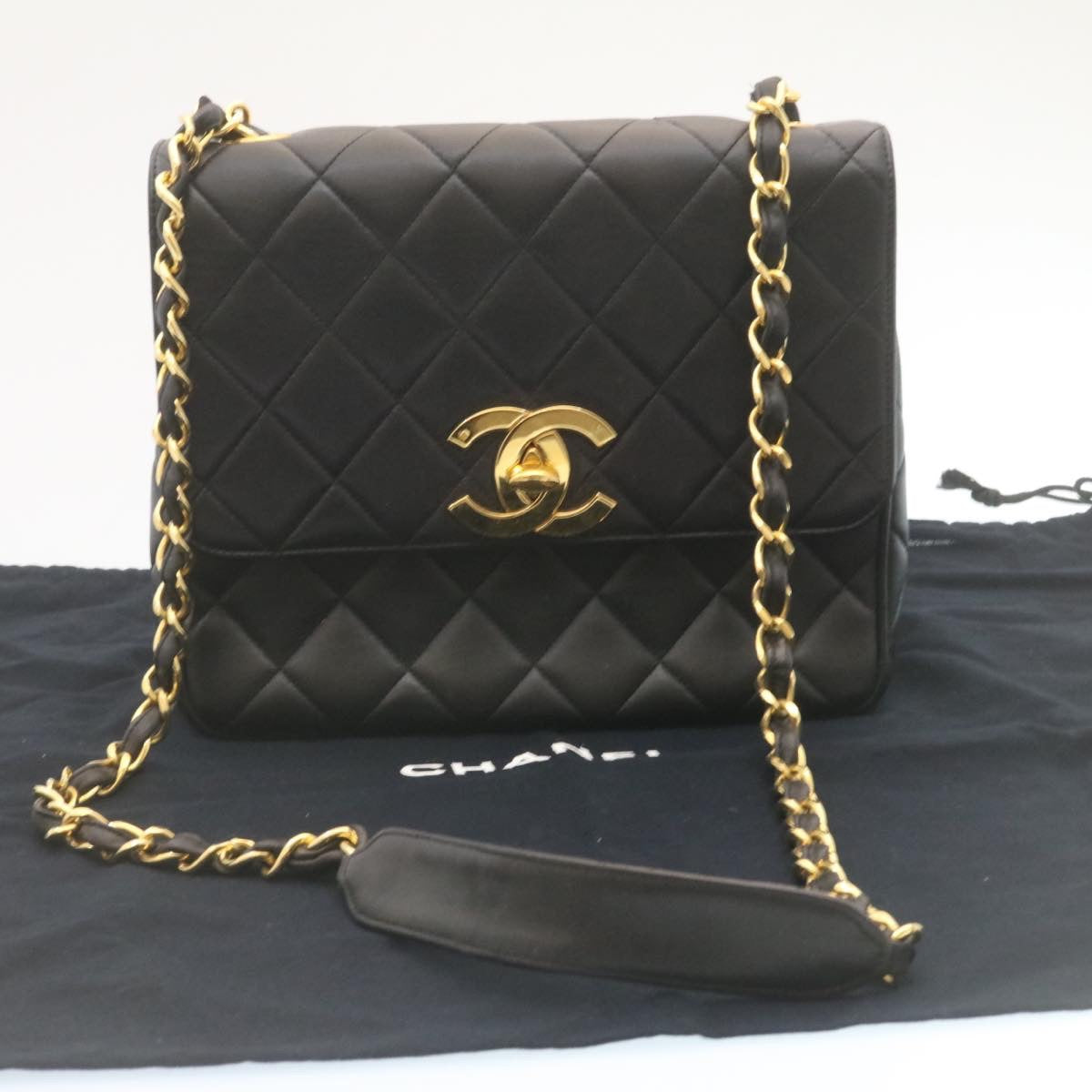 CHANEL Matelasse Chain Flap Shoulder Bag Lamb Skin Black Gold CC  28632A