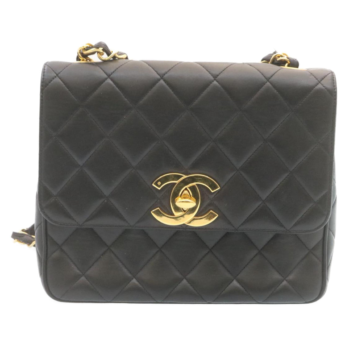 CHANEL Matelasse Chain Flap Shoulder Bag Lamb Skin Black Gold CC  28632A
