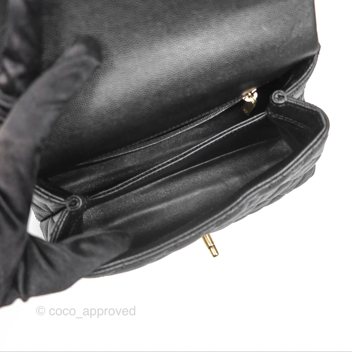 Chanel Small Coco Handle Quilted Black Caviar Aged Gold Hardware Lizard Handle