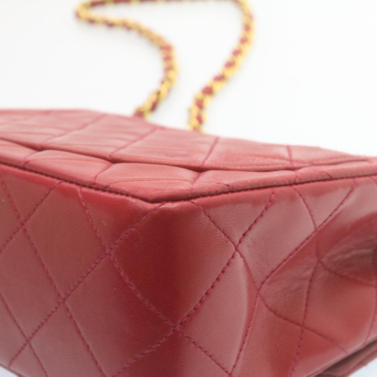 CHANEL Matelasse Chain Flap Shoulder Bag Lamb Skin Turn Lock Red CC  28661A