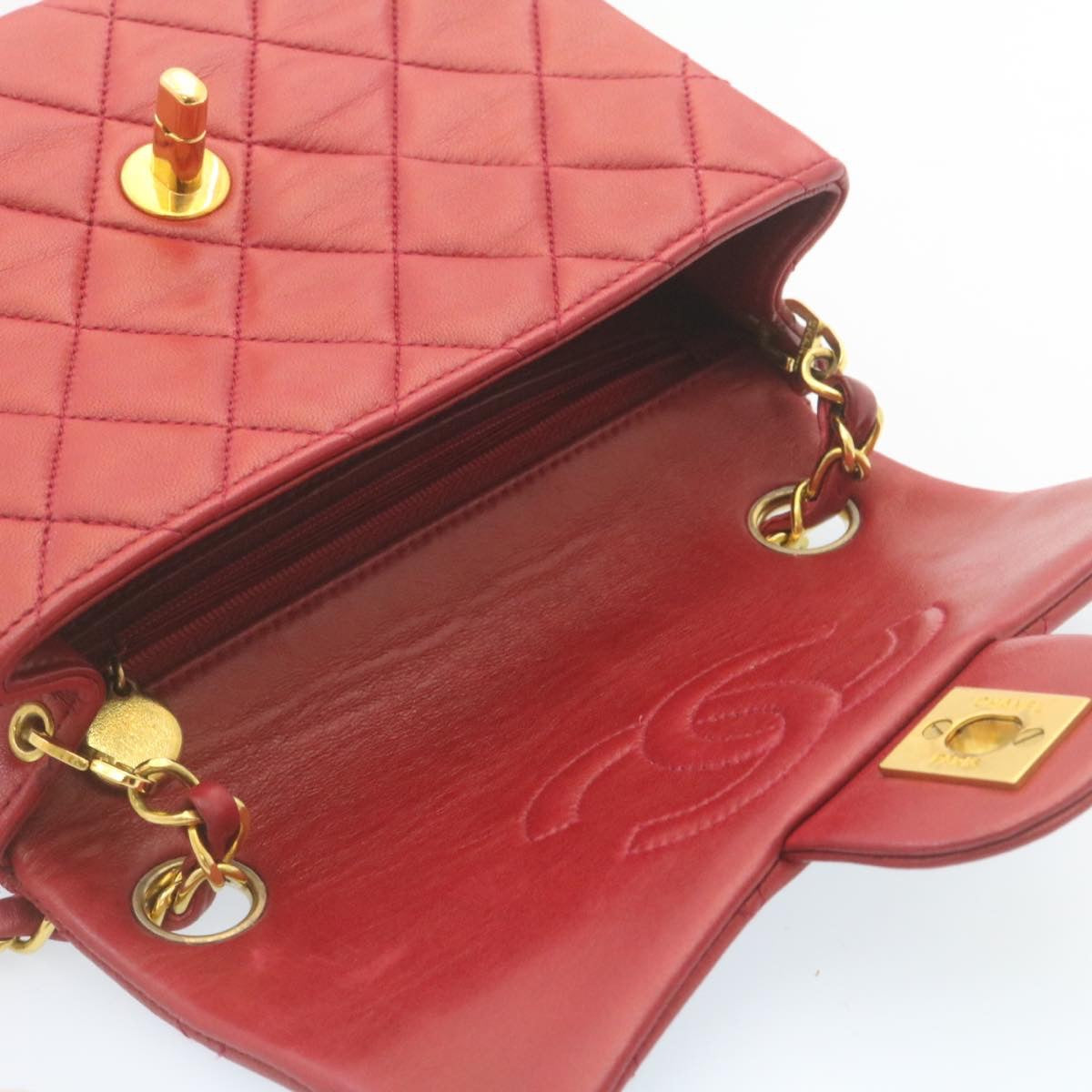 CHANEL Matelasse Chain Flap Shoulder Bag Lamb Skin Turn Lock Red CC  28661A