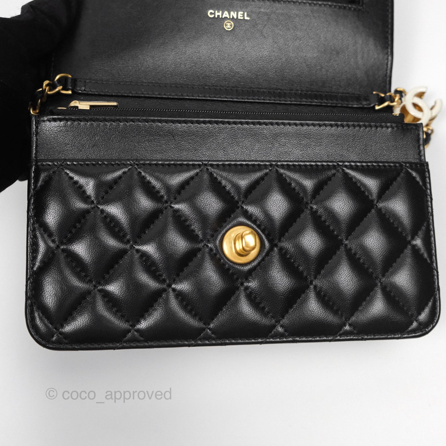 Chanel Quilted WOC Adjustable Chain Black Shiny Lambskin Aged Gold Hardware