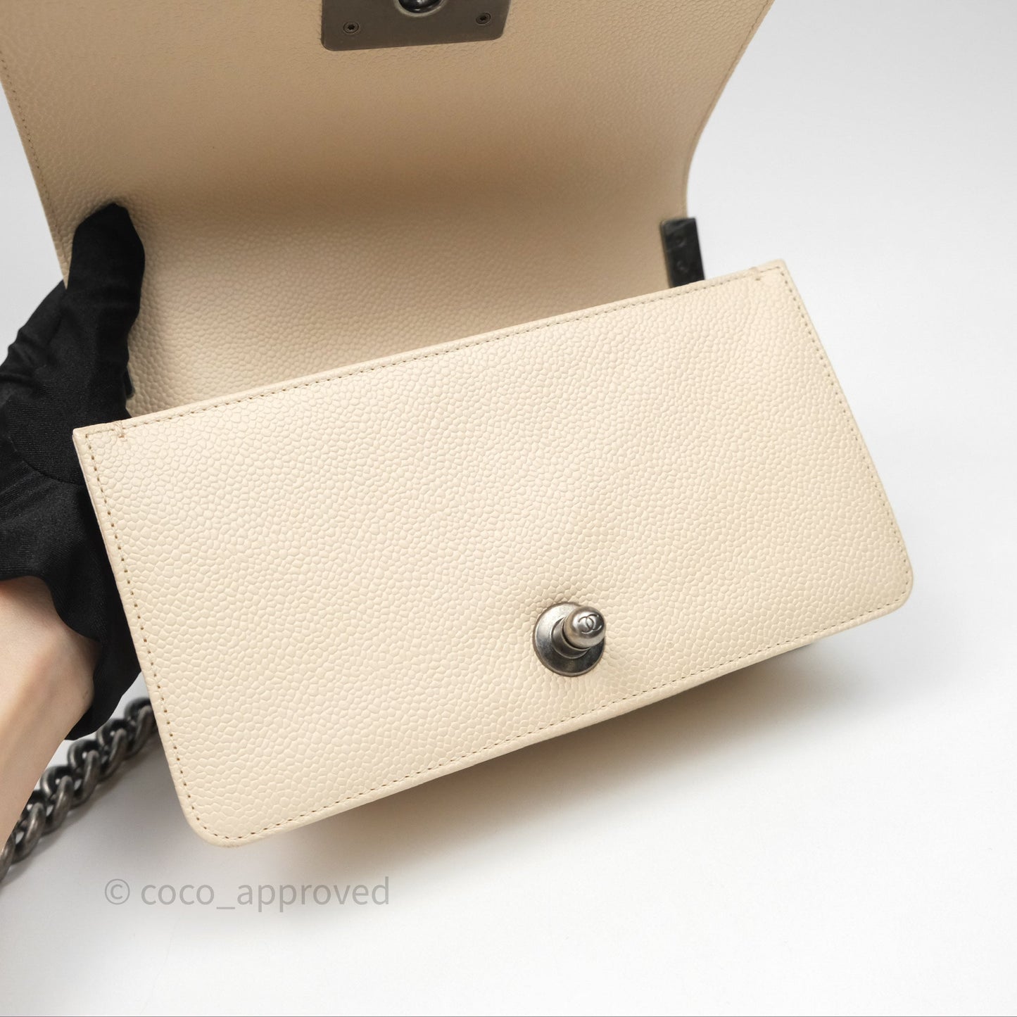 Chanel Small Boy Chevron Beige Caviar Ruthenium Hardware
