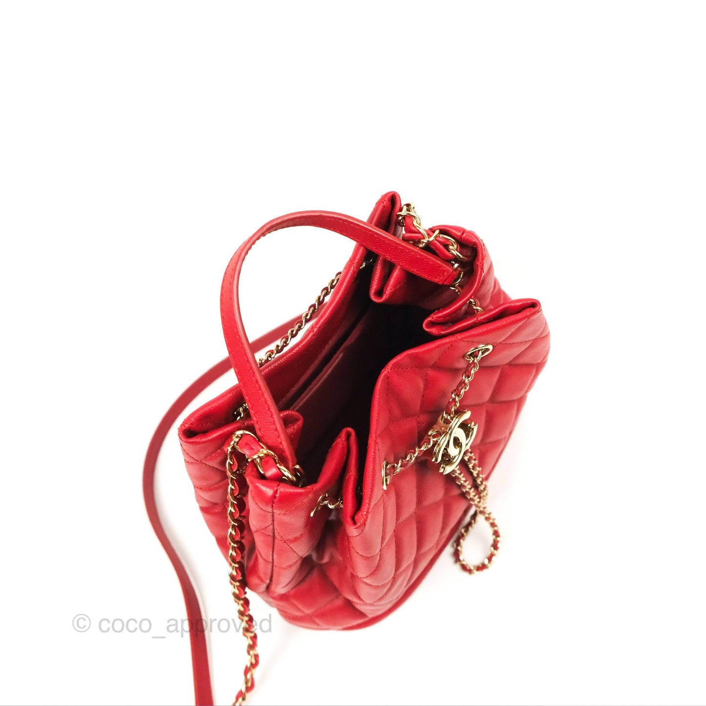 Chanel Medium Quilted Rolled Up Bucket Drawstring Bag Red Caviar Gold Hardware