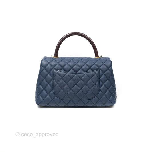 Chanel Medium Coco Handle Quilted Navy Caviar Lizard Handle Aged Gold Hardware