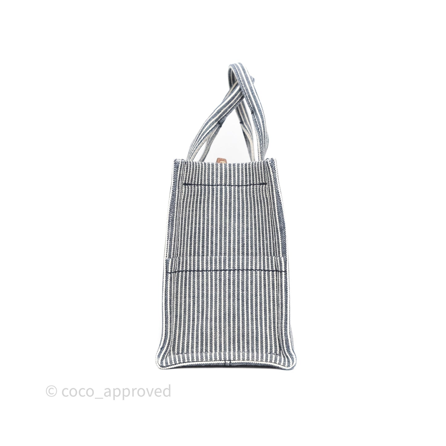 Celine Small Triomphe Cabas Thais Navy Blue Striped Canvas Tan Calfskin