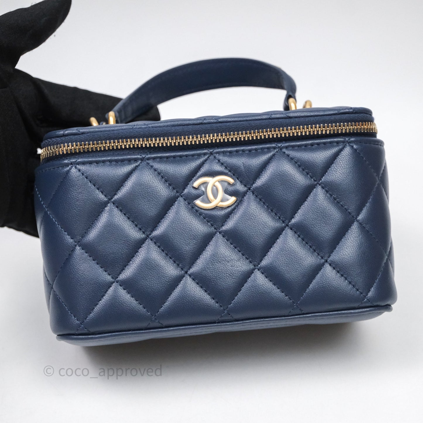 Chanel Vanity Rectangular Metal Top Handle Navy Lambskin Aged Gold Hardware