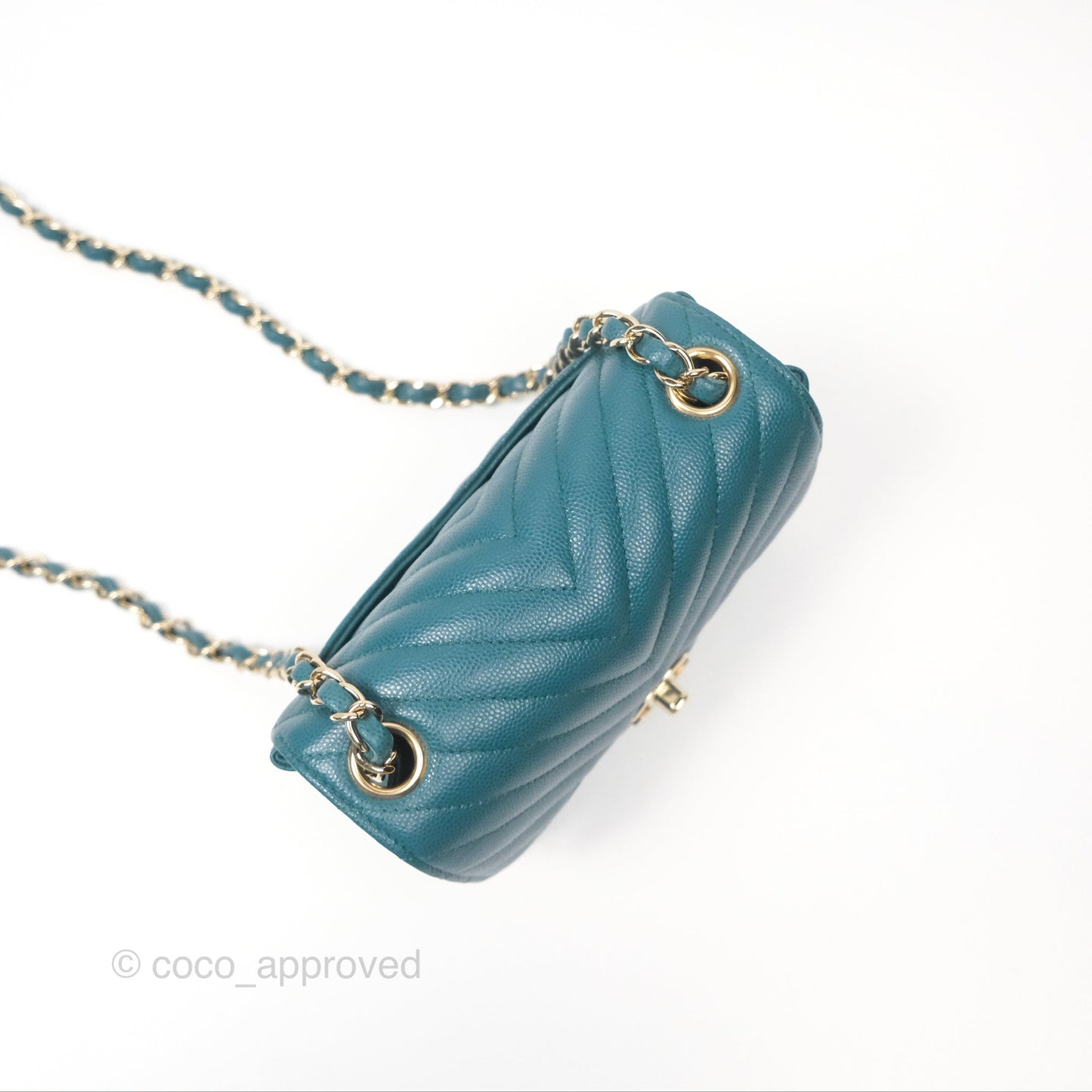 Chanel Mini Square Flap Chevron Teal Caviar Gold Hardware