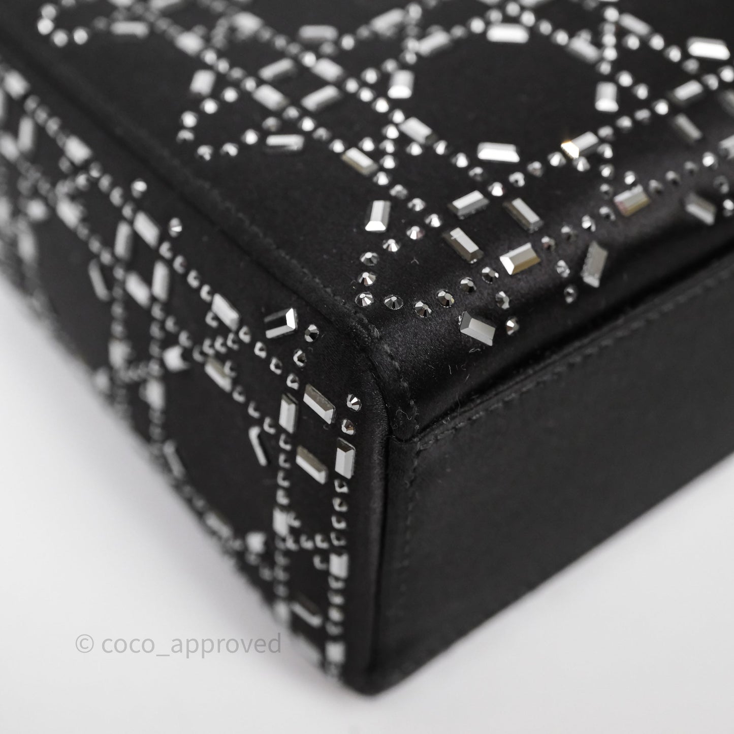 Christian Dior Mini Lady Dior Bag Black Strass Cannage Satin Silver Hardware
