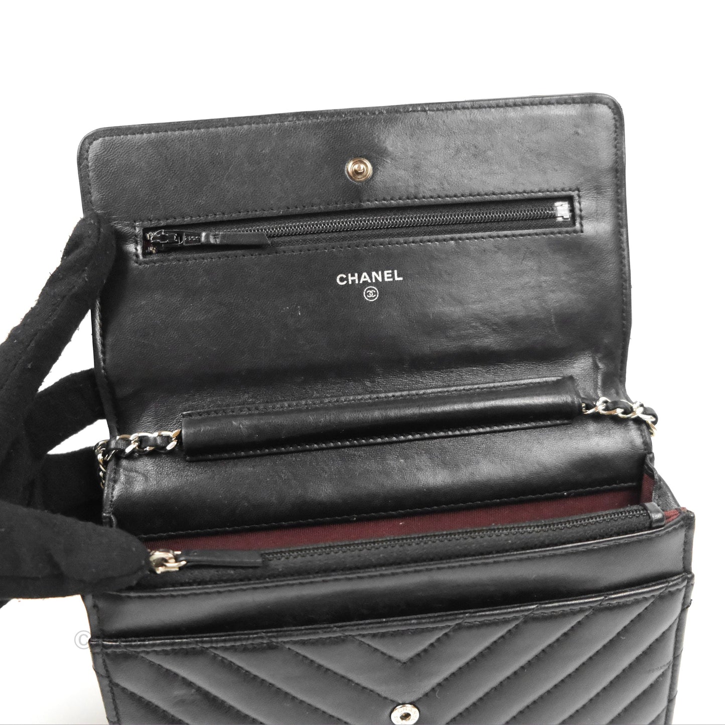 Chanel Classic Chevron Wallet on Chain WOC Black Lambskin Silver Hardware