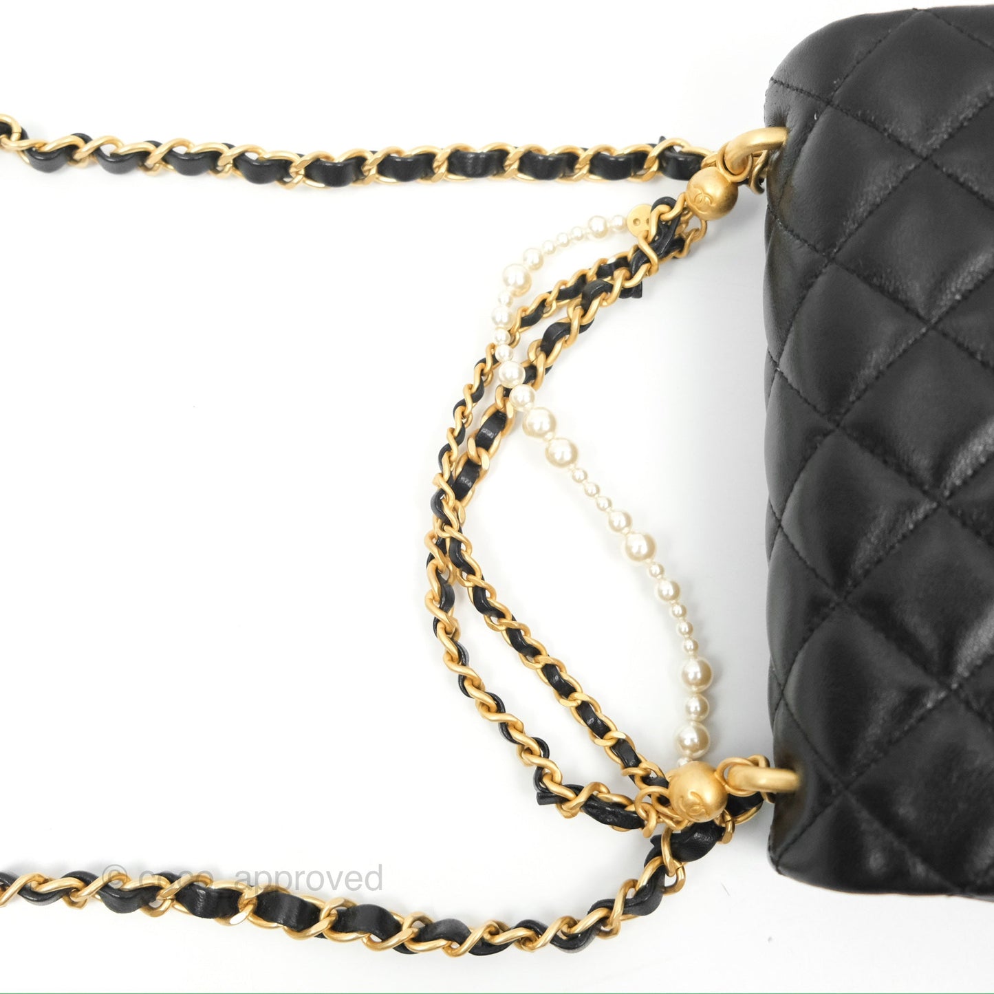 Chanel Mini Flap Bag with Pearl Chain Black Shiny Lambskin Aged Gold Hardware 24P