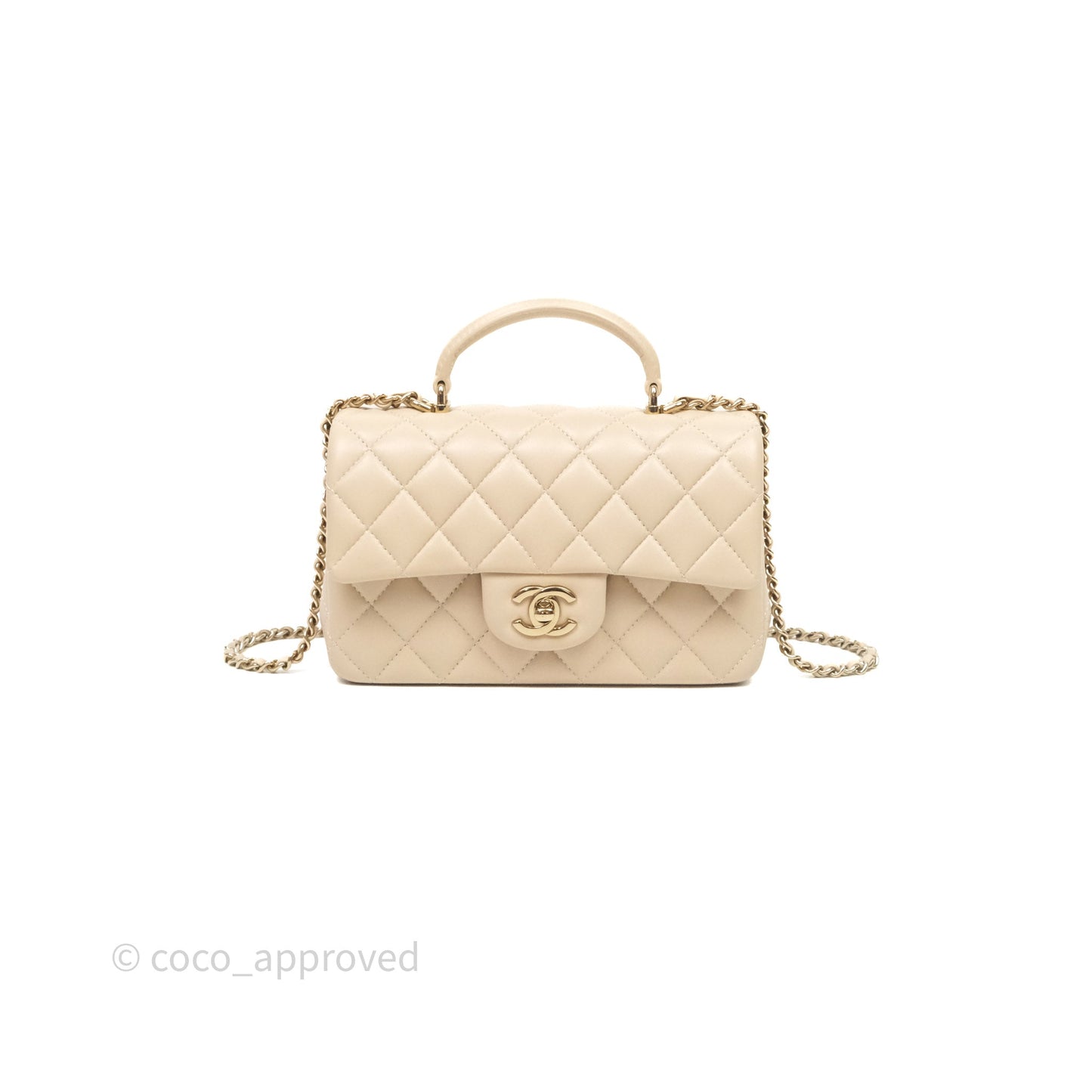 Chanel Top Handle Mini Rectangular Flap Beige Lambskin Shiny Gold Hardware