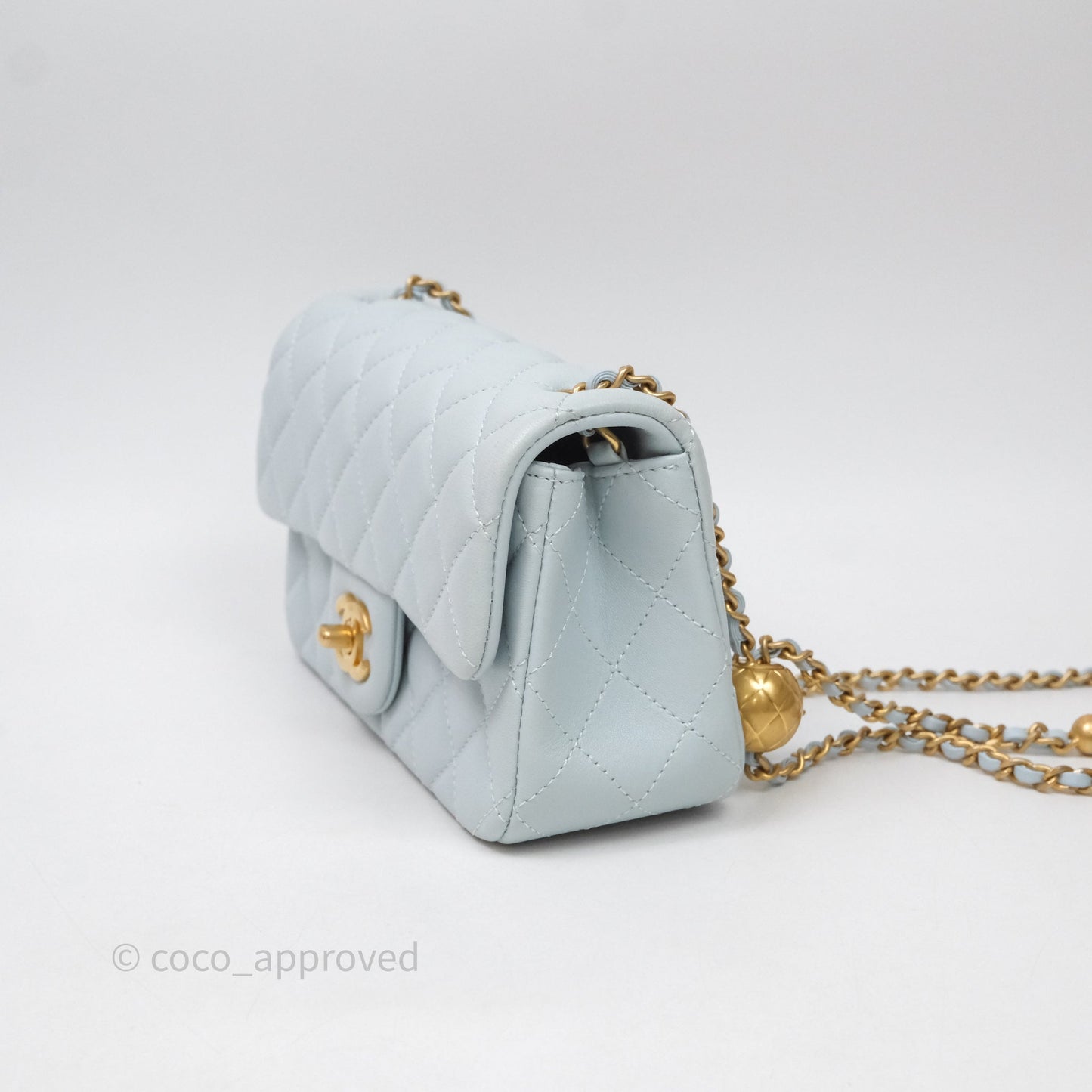 Chanel Pearl Crush Mini Rectangular Light Blue Lambskin Aged Gold Hardware