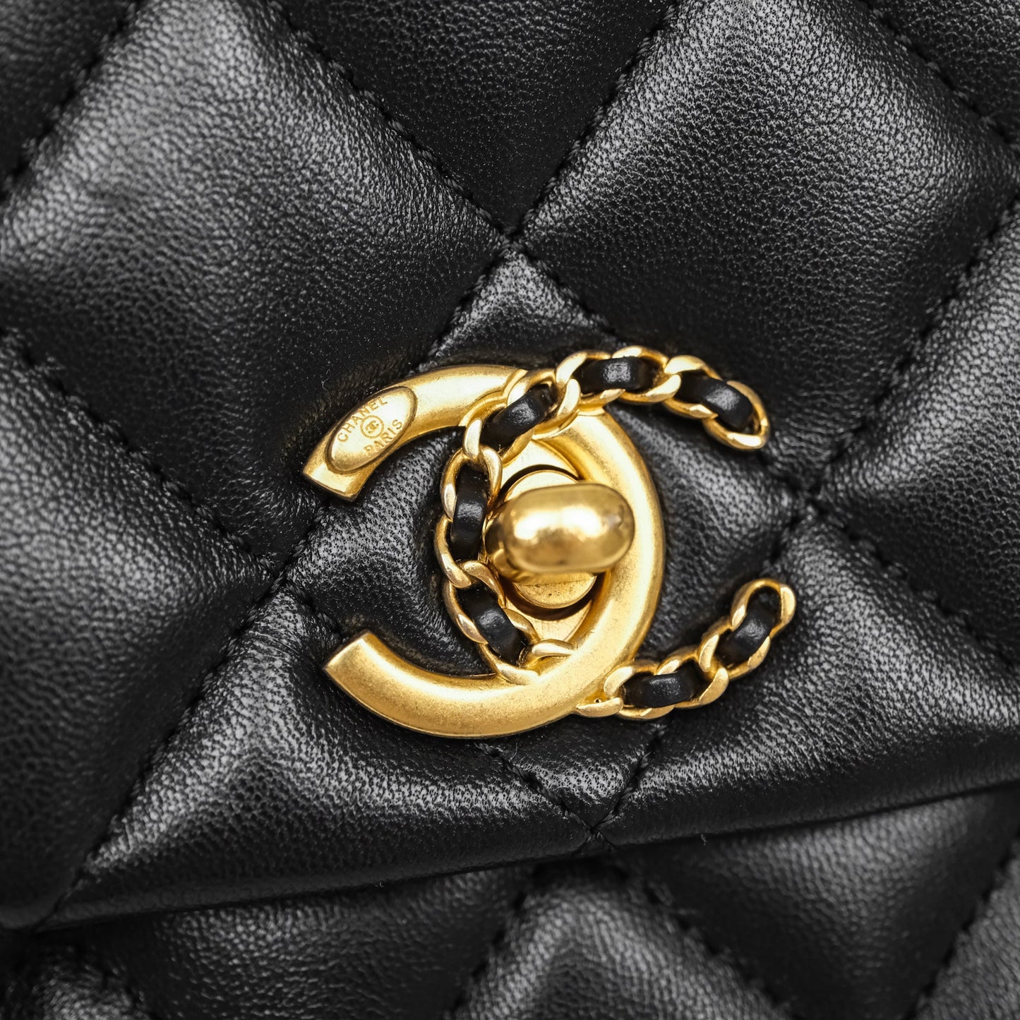 Chanel Quilted Accordion Flap Bag with Button on Chain Black Lambskin Aged Gold Hardware 22A