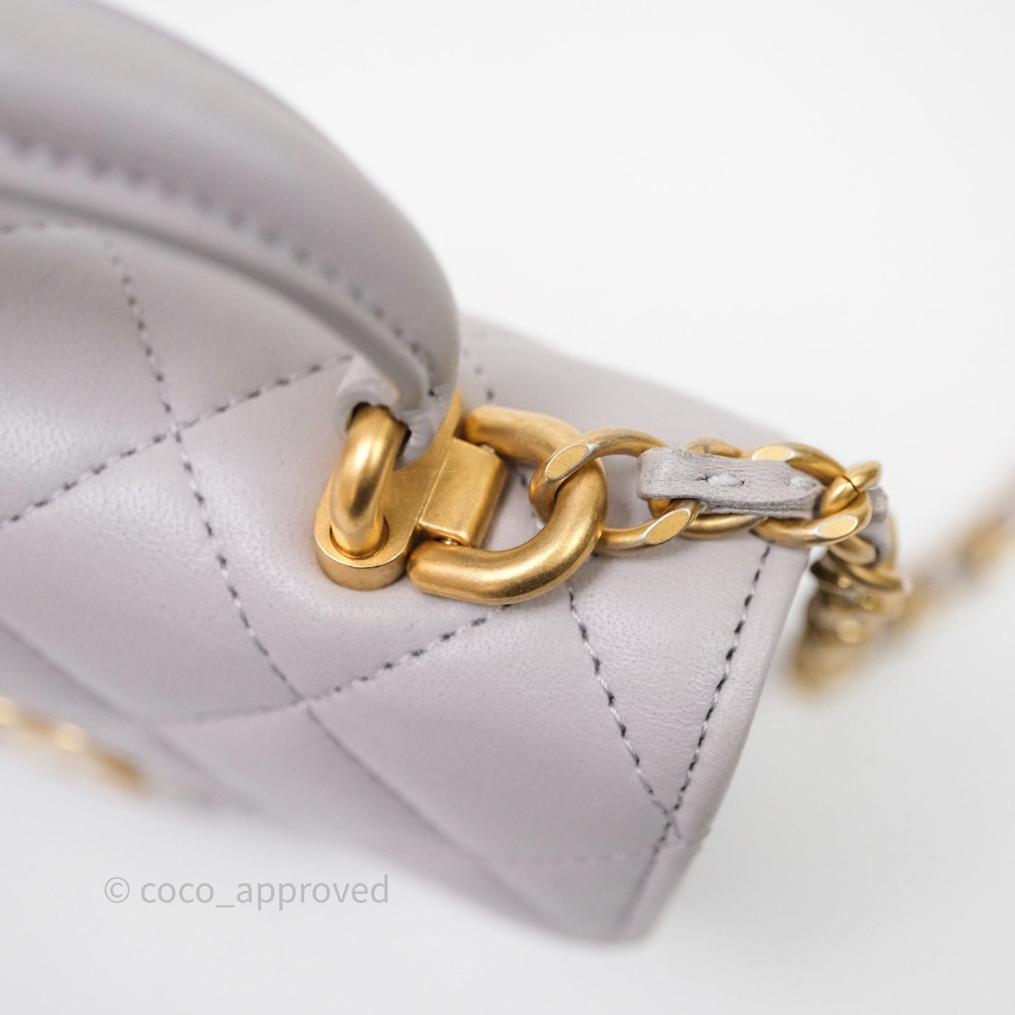 Chanel Mini Handle Flap Coin Purse With Chain Grey Lambskin Aged Gold Hardware
