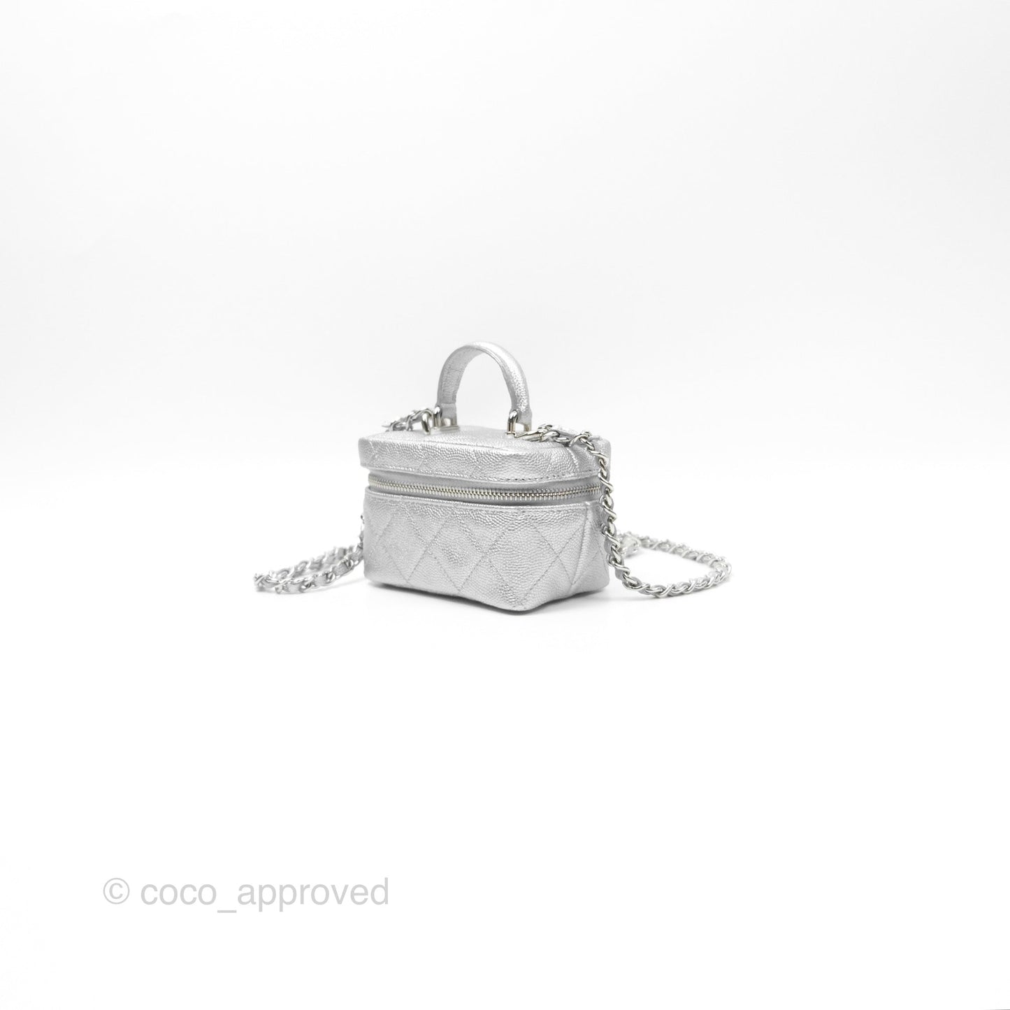 Chanel Quilted Mini Top Handle Vanity With Chain Metallic Silver Caviar Silver Hardware