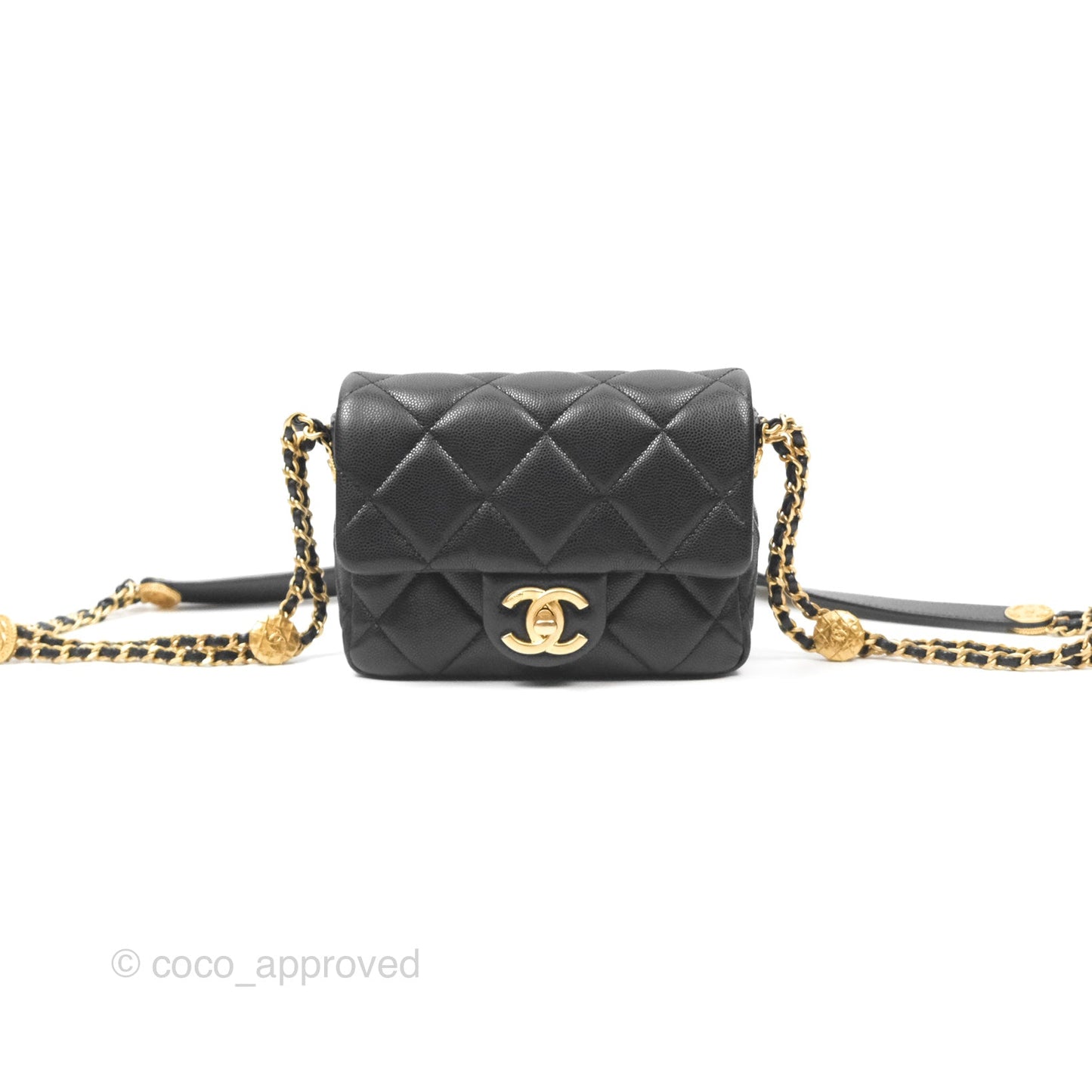 Chanel Mini Flap with Coin Charm Black Caviar Aged Gold Hardware 22A