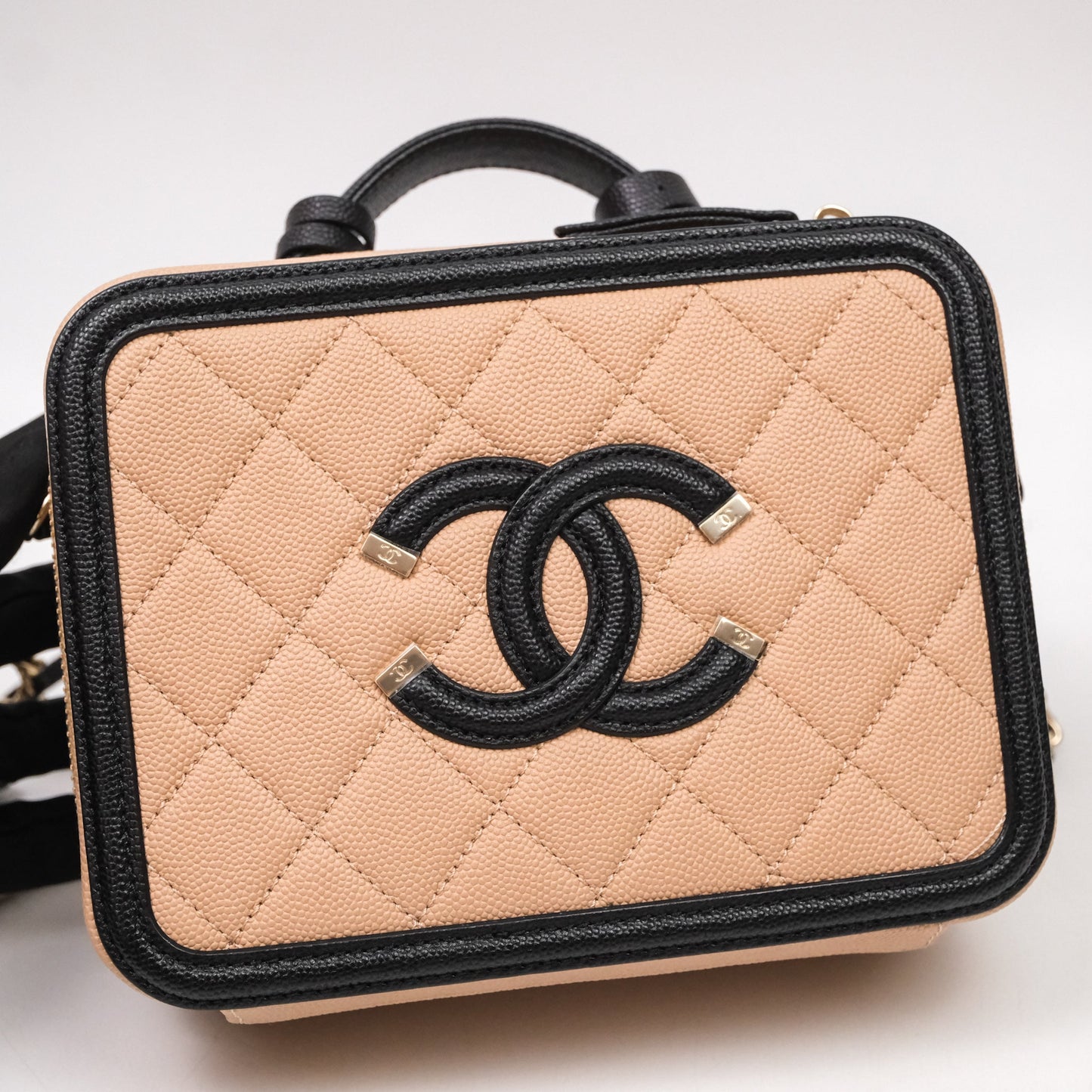Chanel Quilted New Small CC Filigree Vanity Case Beige Caviar Gold Hardware