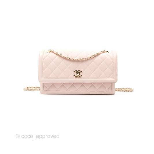 Chanel Flap Clutch With Chain Quilted Light Pink Lambskin Gold Hardware